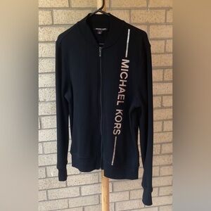 Michael Kors Black Super Soft Fleece Lined Men’s Zip Up Logo Stripe Sweatshirt